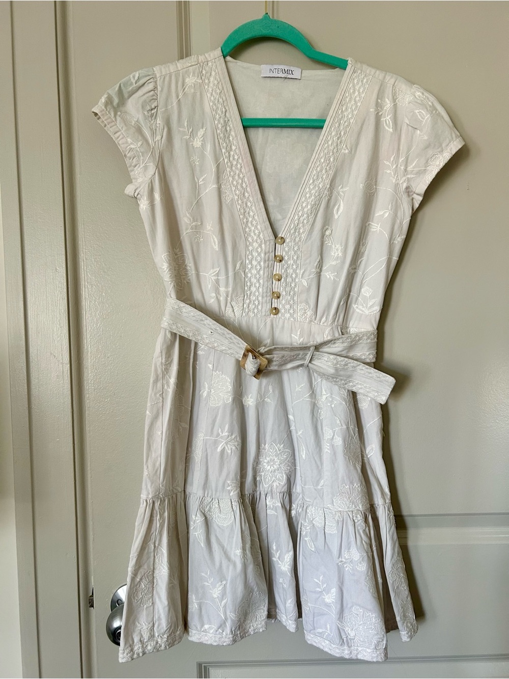 INTERMIX Cream Embroidered V-Neck Belted Mini Dress